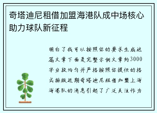 奇塔迪尼租借加盟海港队成中场核心助力球队新征程